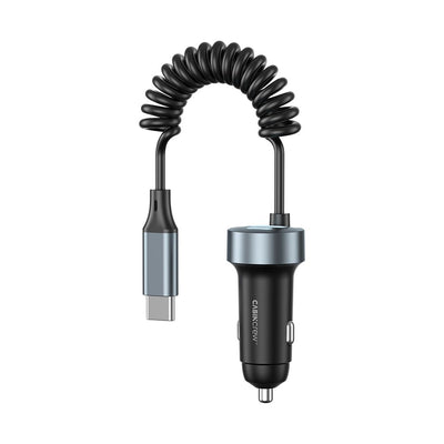Cabin Crew 12V 65W 3-Port In-Car Fast Charger with Coiled USB-C Cable