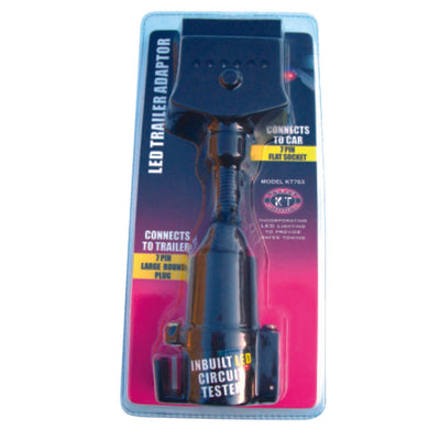 KT Cables Trailer Adaptor – 7 Pin Flat Socket to 7 Pin Large Round Plug, with LED Tester